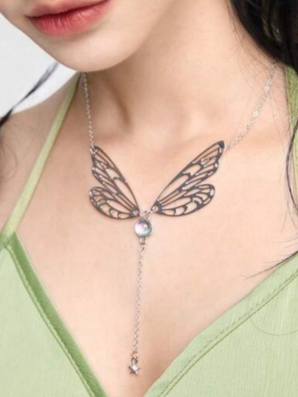 Elegant Silver Butterfly Wing Tassel Necklace